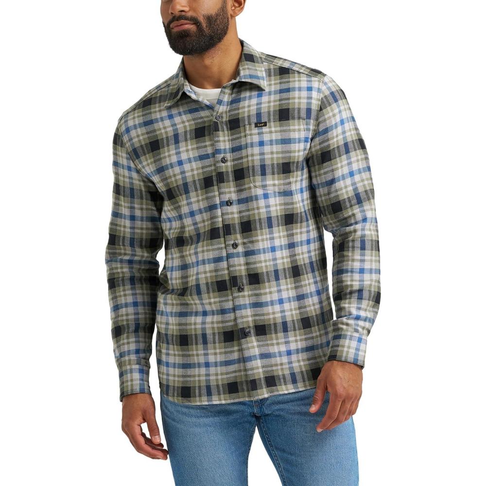 imageLee mens All Purpose Classic Fit Long Sleeve ShirtGreen Drizzle Plaid