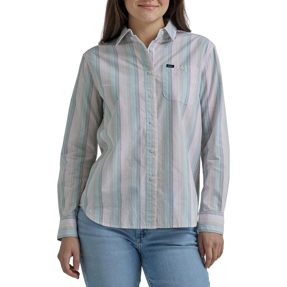 imageLee Womens Legendary Long Sleeve All Purpose Button Down ShirtFort Green Stripe