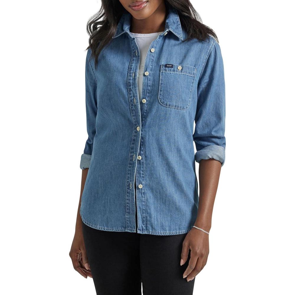 imageLee Womens Legendary Long Sleeve All Purpose Button Down ShirtMid Wash